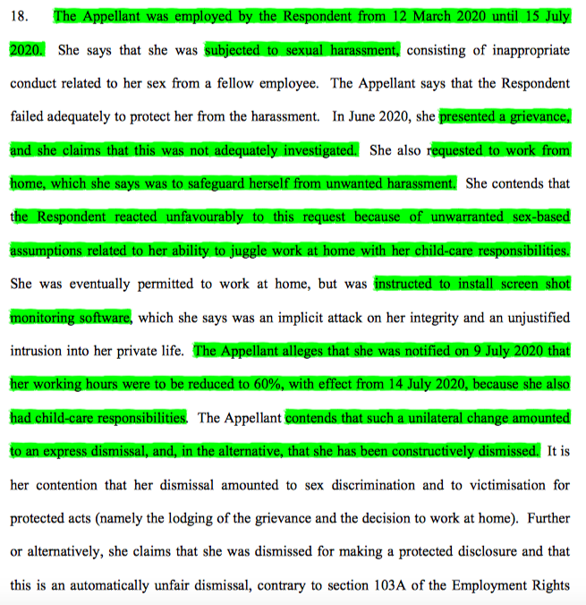 4/ The R then allowed her to wfh but insisted she load up monitoring software, & then cut her working hours to 60% due to childcare reasons. S claimed that was a dismissal (Hogg v Dover) or alternatively she claimed to have been constructively dismissed.