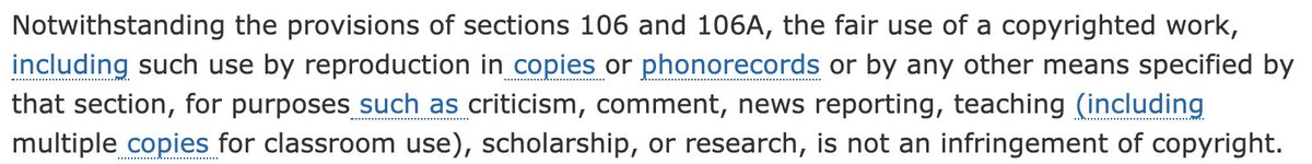 So let’s start w/ the Copyright Act, which provides that “fair use of a copyrighted work” doesn’t infringe copyright. 17 U.S.C. § 107. That’s a strong principle in favor of free expression, to be sure …