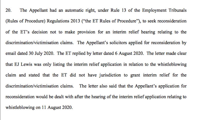 6/ The interim relief claim was listed but only for consideration of the ERA arguments, with the ET holding it had no jurisdiction even to consider the EqA arguments (!). On application for review, the ET held fast to that position (even with the EHRC backing the application).
