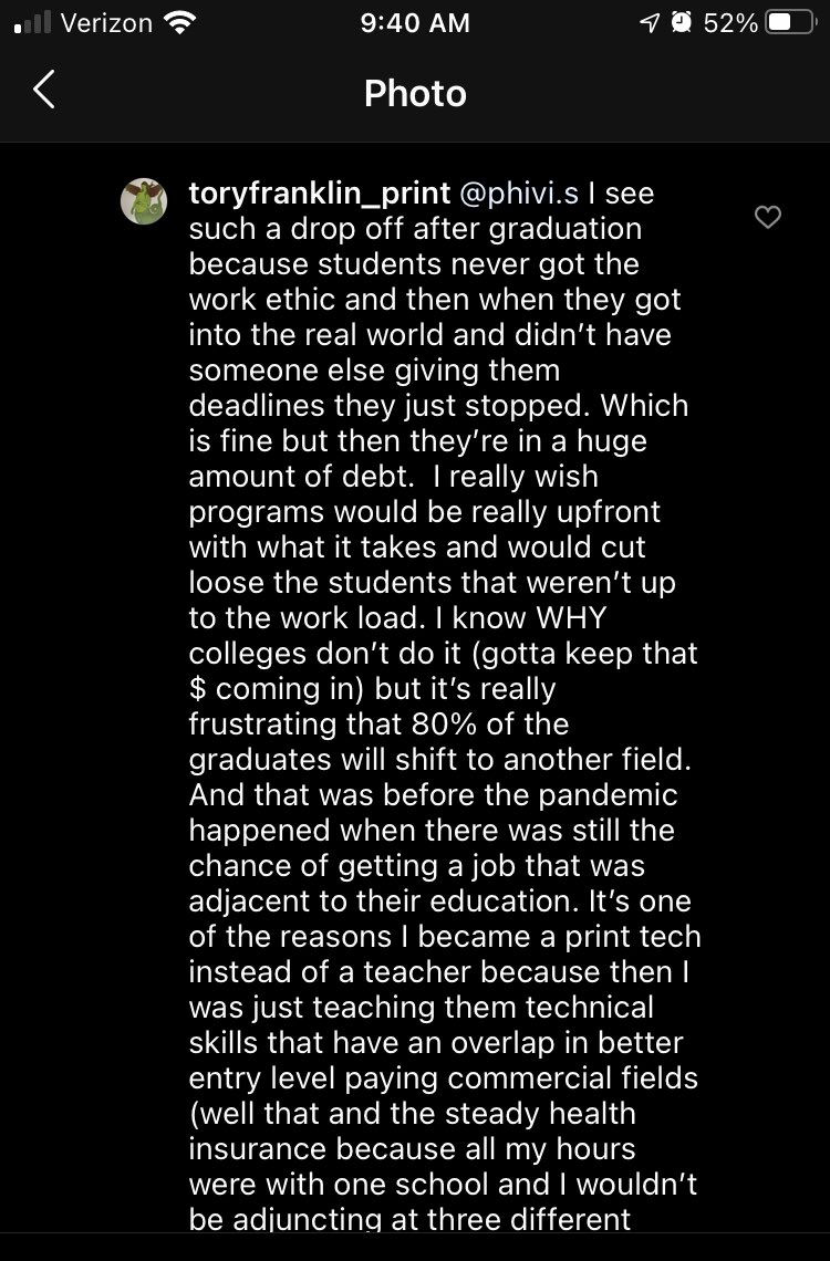 it’s sad to know that professors in positions of power think this about their students. in my experience for most it’s not a work ethic problem, but a “i’m tired of fighting a system that is designed to overwork me and leave me ill-prepared to have a career as an artist.”