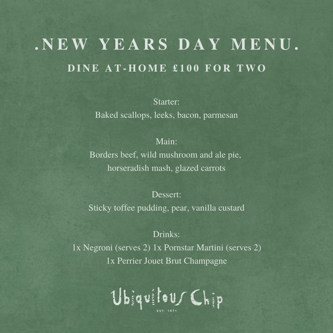 Three-Course New Years Day Dine-At Home Box with a bottle of Perrier-Jouët Champagne! 🎉 Dine for two, including drinks package from £100 ubiquitouschipshop.co.uk/our-shop/p/the… Swipe to see the menu ➡️