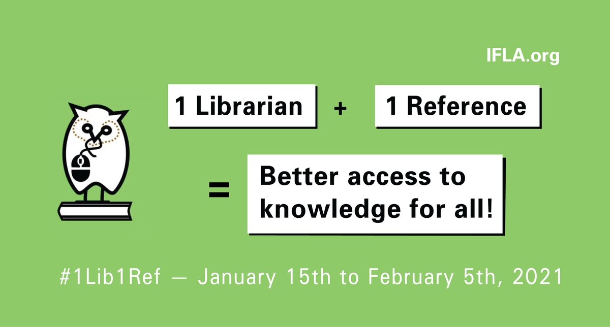 azoubig's tweet photo. RT #bibsen Join the #Wikibrarian community!
From 15 January to 5 February, 2021, the #1Lib1Ref (one librarian, one reference) campaign will take place, once again, to improve the reliability of sources on #Wikipedia
Click here to find out more: … https://t.co/FcewgLJDQD