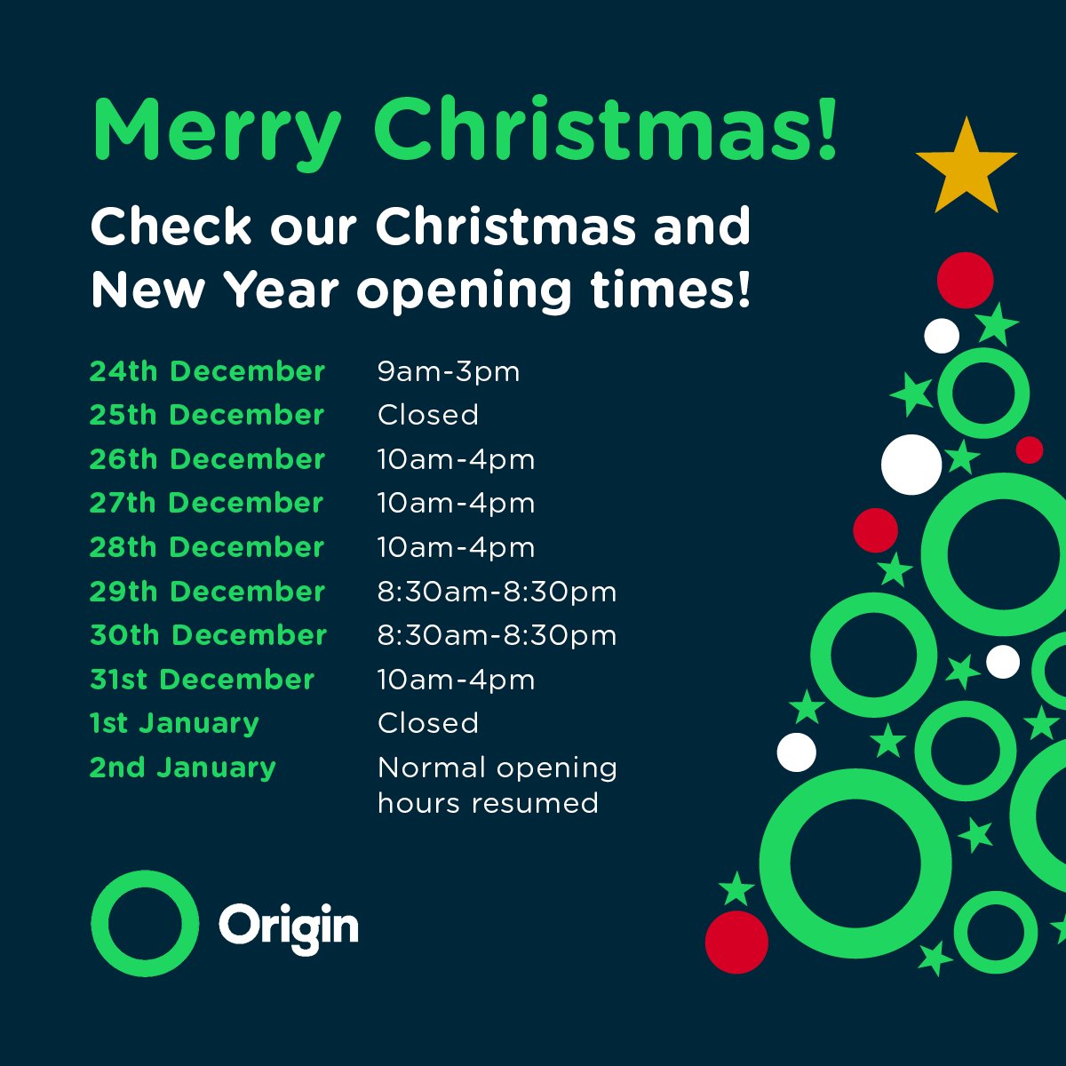 Merry Christmas! To keep you updated, here are our opening hours over the Christmas period for both our telephone and online teams ❄️ ⛄ 🎄