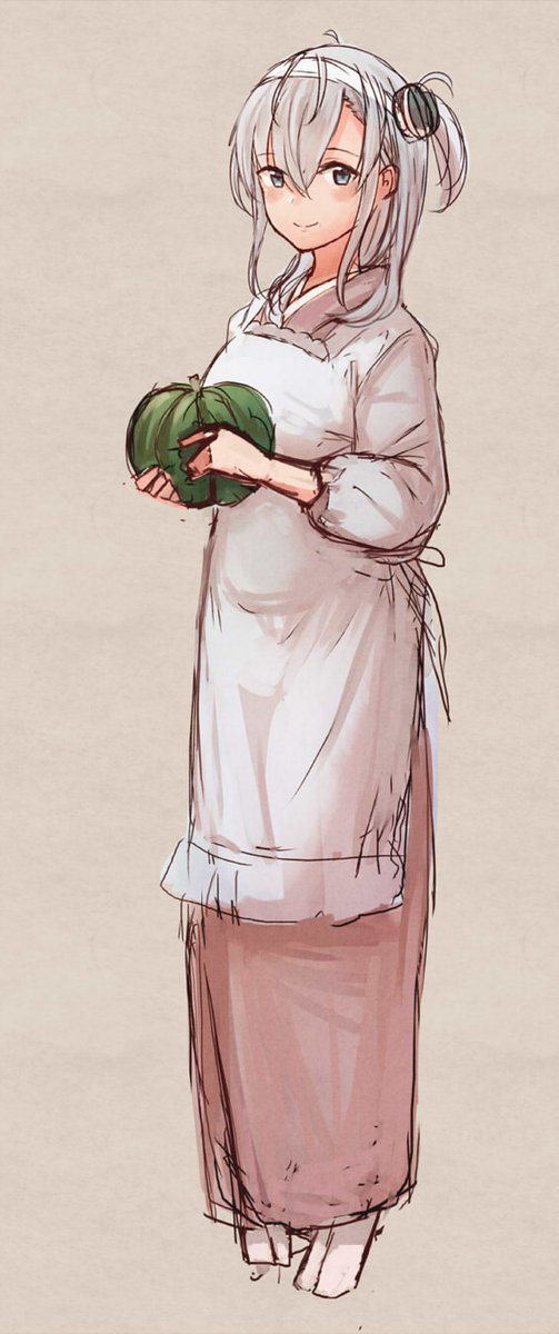 suzutsuki (kancolle) 1girl solo apron one side up full body long hair alternate costume  illustration images