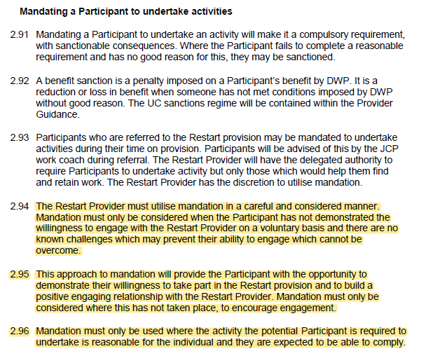 Finally, welcome that Restart dials down 'mandation' cf. previous progs. Spec makes clear providers CANNOT mandate to the initial appt; must encourage engagement and not rely on conditions; and only mandate when things failMuch more evidence-led and less damaging than Work Prog.