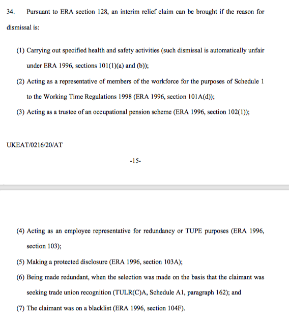 10/ Cavanagh J went on to list a host of subsequent legislative entrants to the right to claim interim relief, most notably the categories under s.128 ERA & the update to the EPA 1975 under TULR(C)A, but also under the ERA 99 & Employee Study & Training (Procedural) Regs 2010