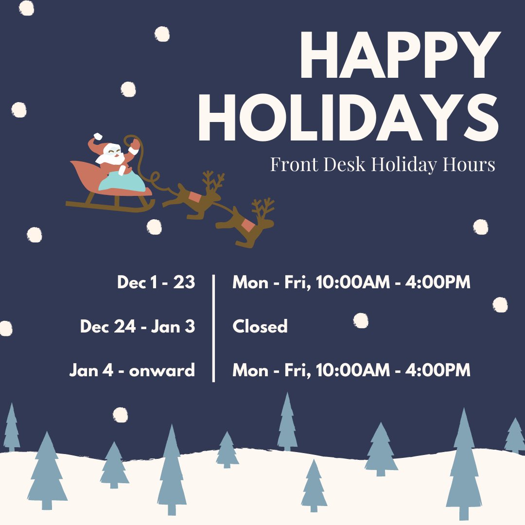 Happy holidays! Our front desk will be closed the following days.

If you have an appointment booked during one of these times, it will proceed as planned. Please contact your clinician directly with any questions.