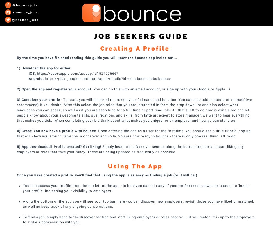 bounce_jobs's tweet photo. Our team has been busy creating guides to show you how to get the best from bounce.
Looking for work or staff? Read on below!
.
.
#bounce #bounceapp #recruitment #jobs #bounceback #findajob #localjobs https://t.co/b0Wo5GXZIq
