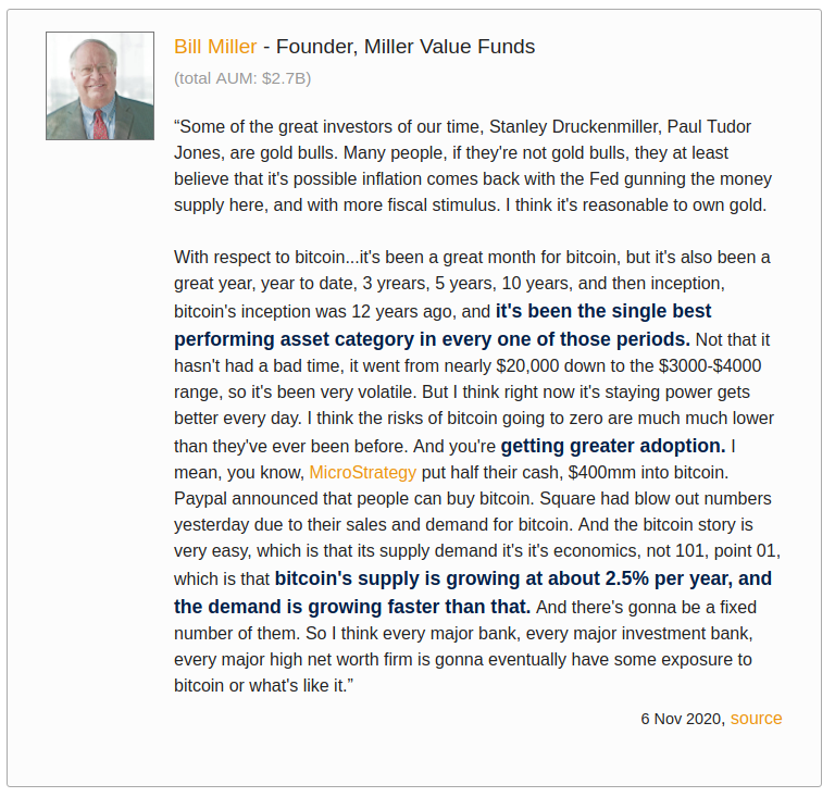 5/ Also in November, longtime Bitcoin bull and value investor, Bill Miller, reiterated his bullishness, noting that bitcoin has been de-risked on a number of fronts, and that adoption is growing, while Bitcoin's supply is fixed.