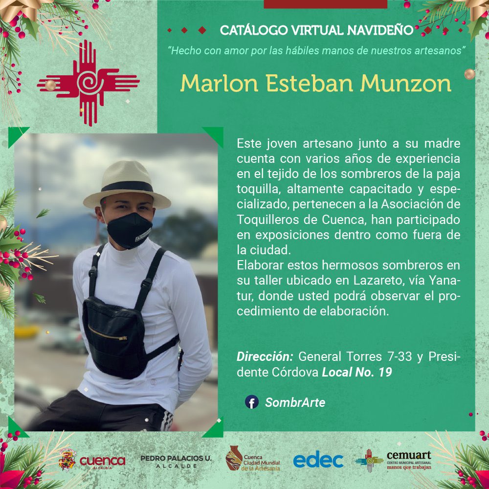 CSC_CUENCA's tweet photo. #CuencaArtesanal
CATÁLOGO NAVIDEÑO CEMUART

Conozcamos a Marlon Munzon Bacuilima, junto a su madre realizan el tejido de los sombreros de paja toquilla.

#EligeloNuestro #CuencaUnida https://t.co/Sb26ZkYqwU
