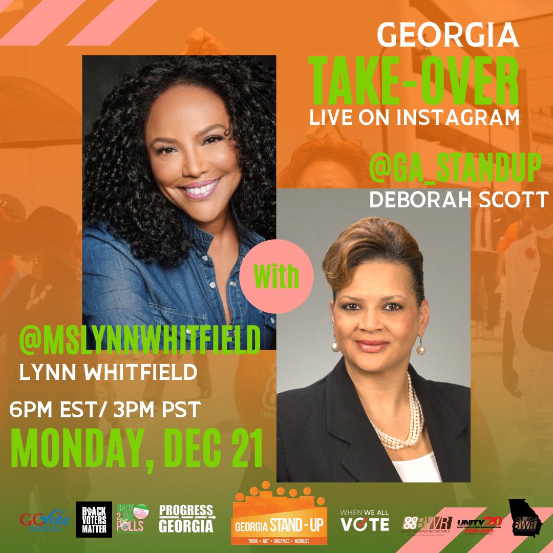 GA_STANDUP's tweet photo. Today at 6 pm EST join us on IG live with @mslynnwhitfield Discussing the Georgia Runoffs. Tune in !
#standupandvote
#PartyAtThePolls
#RuVoteReady
#MaskUP
#Do2in2020
#countmeblack
#Blacktotheballot
#StandUpMaskUp
#YourVoiceYourVote https://t.co/hLETzgmvin
