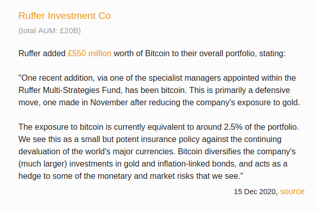 11/ UK firm Ruffer Investments added £550 million of BTC to their portfolio, after reducing exposure to gold. They framed the investment as a "small but potent insurance policy"