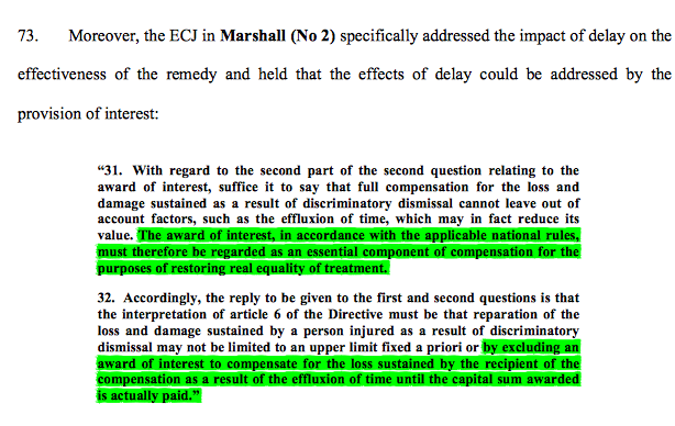14/ The CJEU's judgment in Marshall (No. 2) effectively provides the final nail in the effectiveness coffin, by both dealing with compensation as effective remedy & also in noting the dampening of delay's damage by the requirement to pay interest.
