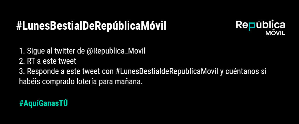 Republica_Movil's tweet photo. ¡SORTEAMOS 50 BONOS DE 5GB! 🏴

Mañana es el día de la Lotería. ¿Cuántos décimos tenéis?

¡Mucha suerte! 🤞🏼

#LunesBestialdeRepublicaMovil

Bases Legales: https://t.co/yTMFp0nGje https://t.co/KIsxsVID1G