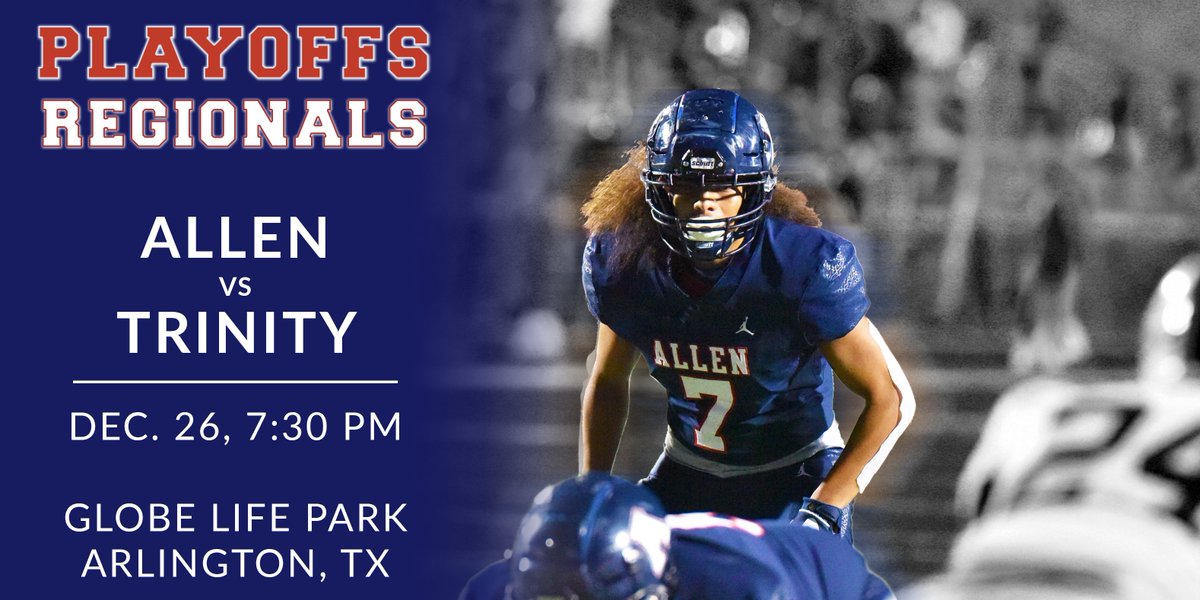 Allen_ISD's tweet image. 🚨 Big Game Alert 🚨
Your Allen Eagles will take on the Trinity Trojans on Saturday, Dec. 26 in the regional round of the UIL 6A D1 playoffs. Kickoff is at 7:30 p.m. at Globe Life Park in Arlington. Tickets are on sale at mlb.com/rangers/ballpa…