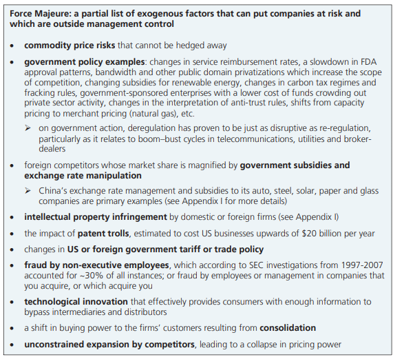 A partial list of exogenous factors that can put companies at risk and which are outside management control