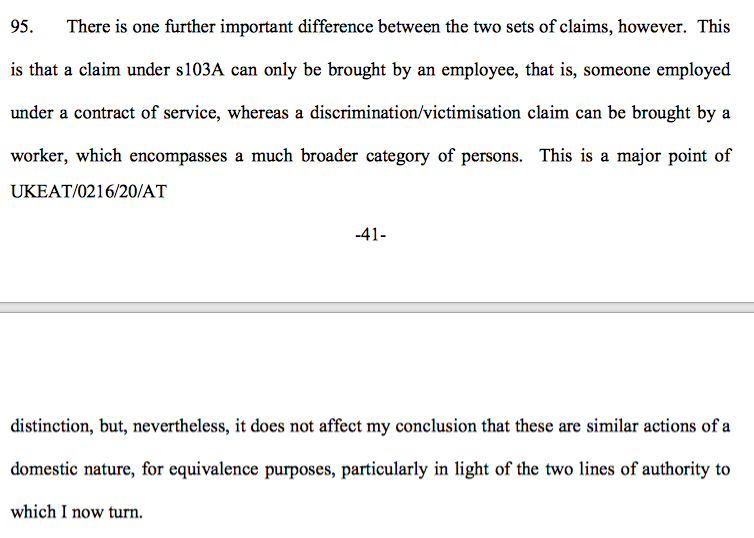 19/ Nor does the fact that a s103A ERA claim is brought by an employee under s.230 whereas an EqA claim can be brought by a worker. In finding similarity, the EAT noted a host of claims expressing similarities, including Woodward, Eszias & Osipov.