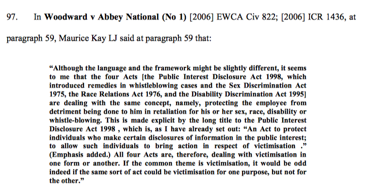 19/ Nor does the fact that a s103A ERA claim is brought by an employee under s.230 whereas an EqA claim can be brought by a worker. In finding similarity, the EAT noted a host of claims expressing similarities, including Woodward, Eszias & Osipov.