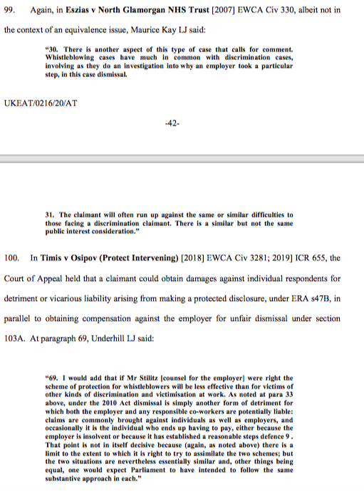 19/ Nor does the fact that a s103A ERA claim is brought by an employee under s.230 whereas an EqA claim can be brought by a worker. In finding similarity, the EAT noted a host of claims expressing similarities, including Woodward, Eszias & Osipov.