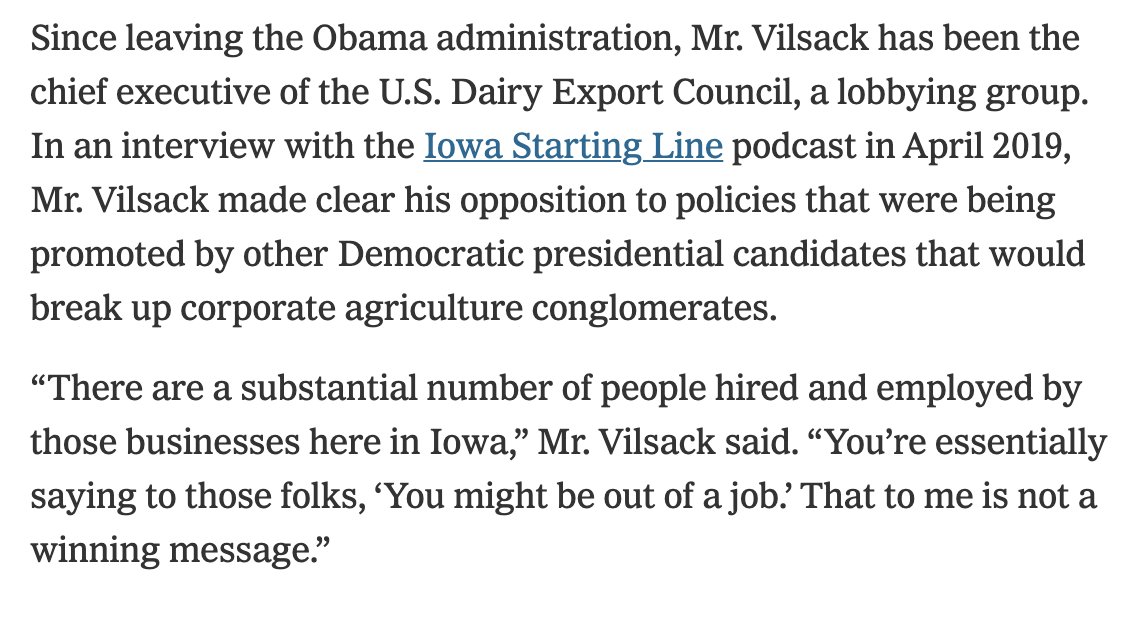 This story doesn't challenge Vilsack's political assertions, despite his repeated failures to deliver rural votes.Vilsack stumped for Biden in IA. Vilsack said that  @ewarren and  @BernieSanders's plans to break up big ag was "not a winning message."Biden came in a distant 4th.