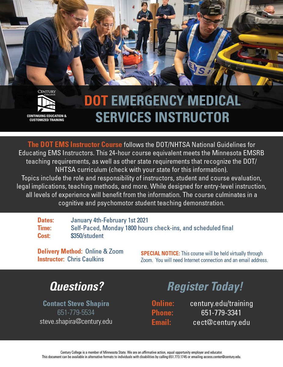 CenturyCECT's tweet photo. The Department of Transportation (DOT) Emergency Medical Services (EMS) Instructor Course begins soon!
Register here: https://t.co/AMxi37rG3n
@MnDOT #DOT #EMS #EMSInstructor #continuingeducation https://t.co/oCTBJSKhCF