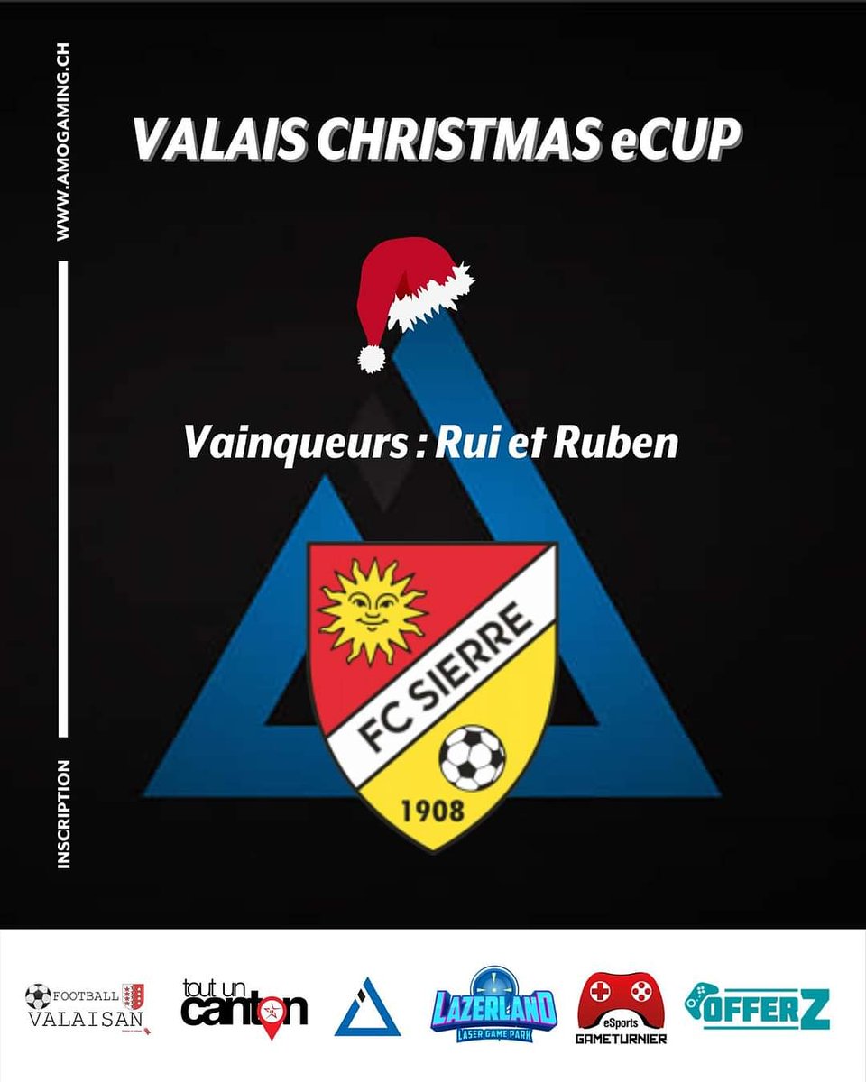 Félicitations au FC Sierre et à Ruben et Rui pour leur victoire du week-end 🎅

Top 4 ⬇️
1️⃣ FC Sierre 
2️⃣ FC Chippis 
3️⃣ FC Crans-Montana 
4️⃣ FC Saint-Maurice 

#AMOGaming