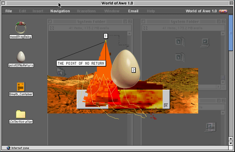 image from Yael Kanarek's 'The World of Awe'. shown is a computer desktop with folder icons and desert imagery and a large egg. text reads, 'the point of no return'