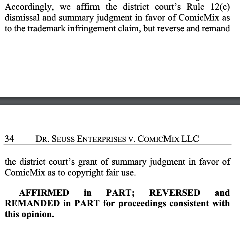 51/ Finally, there’s another aspect of case’s procedural position I haven’t noted yet. Technically, the appellate court didn’t end the case - it reversed the lower court’s summary judgment fair use decision in favor of ComicMix and remanded for further proceedings.