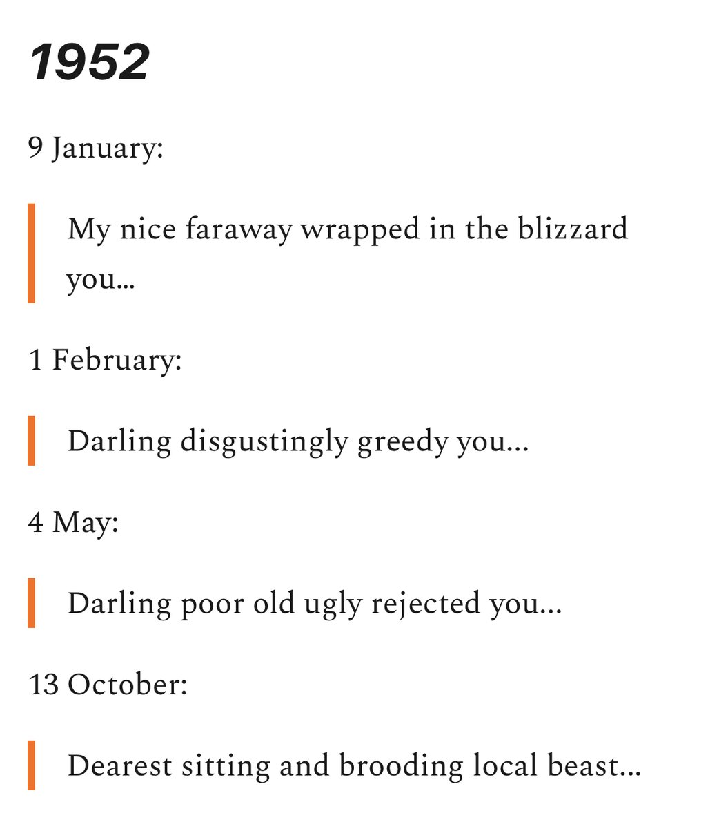 Because I'm a nerd I've put together a chronological list of opening lines from Simone de Beauvoir's letters to Nelson Algren, beginning with 'Dear Nelson Algren' and ending, seventeen years later, with 'My own rat.' news.lettersofnote.com/p/my-dearest-n…