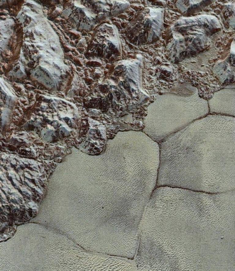 latestinspace's tweet photo. Wonderful aerial images from space of Pluto's frozen methane (CH4) capped mountains. https://t.co/xLzAMGcqCF