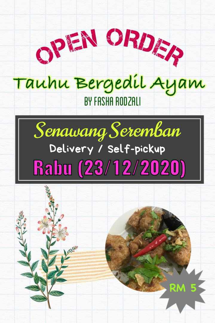 Selain #nzcrunchies , Mama Ara terima tempahan #TauhuBergedilAyam . Isi padat gemuk, sambal kicap podeh padu! 

Sebekas RM5 ada 5 biji.
Esok last order jam 3.00 ptg untuk delivery Rabu 23/12/2020.

#supportlocal #seremban #senawang