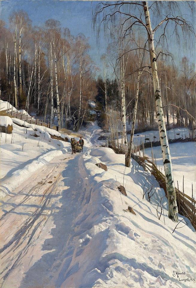 Peder Mørk Mønsted (Danish, 1859-1941)Sleigh ride on a sunny winter day (1919)