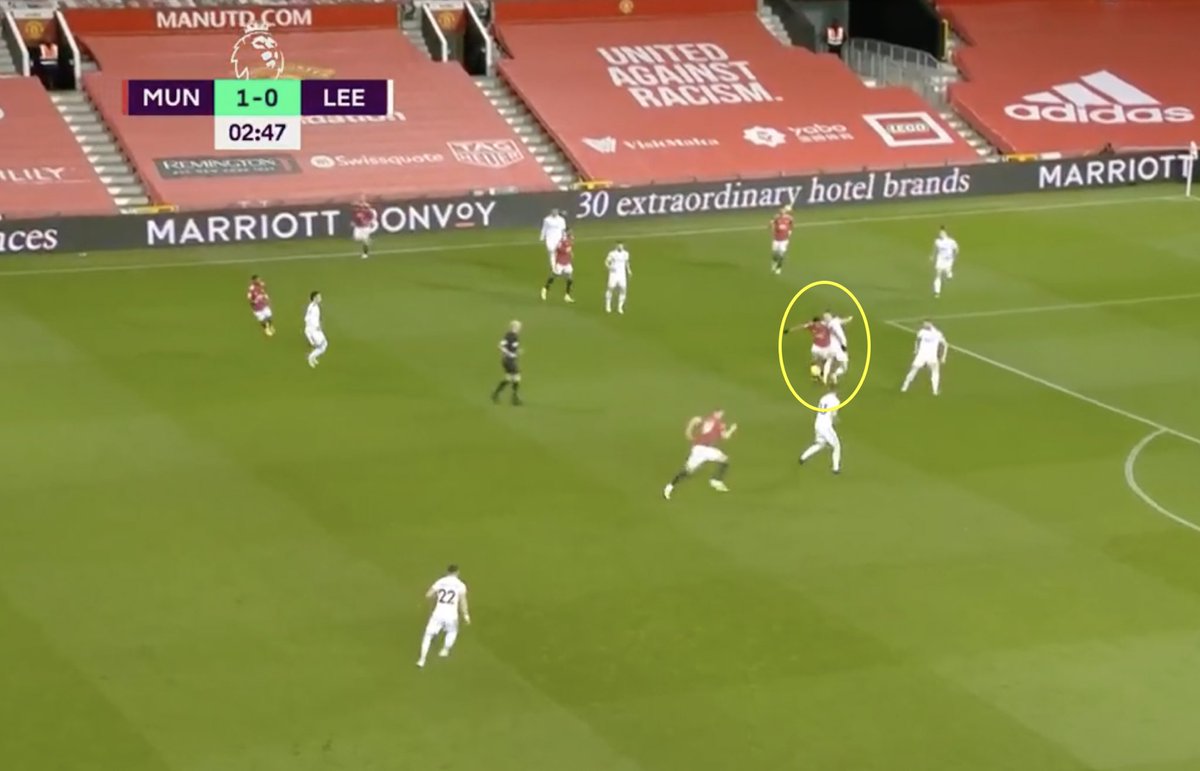 3. Brace.Martial’s 3 excellent components for creation of this goal:(A) Run. He initially tucks in behind then runs in to receive. (B) Hold-up. Shields and retains the ball well, giving time for Scott to make his run in behind.(C) Incisive pass. Scott bypasses his runner.