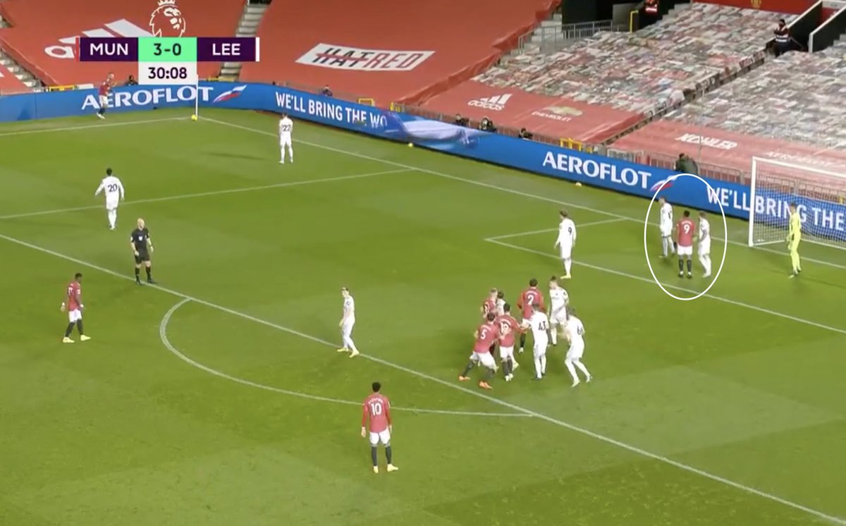5. Set Pieces. MUN organized well in corners by again exploiting LEE’s man-man marking by either:(A) Holding off players and delaying. (B) Position closer to the ball, drag players closer e.g Martial. MUN as a result had space and time to win headers and run unmarked.