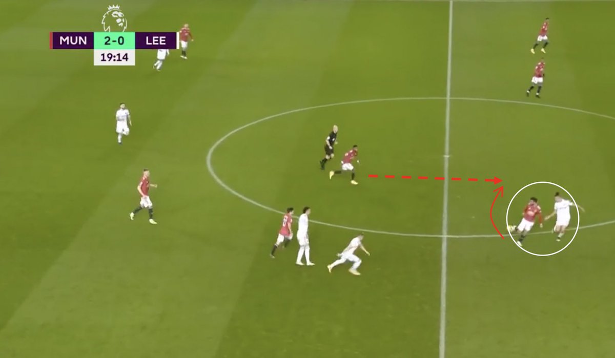 6. Transition.Bruno made several back-heel passes as an attempt to drag his marker and create space. Martial’s run was fantastic as Fred carries the ball. As a LEE player is drawn to Fred, he gets in behind their backline. He holds off the player to allow Bruno to shoot.
