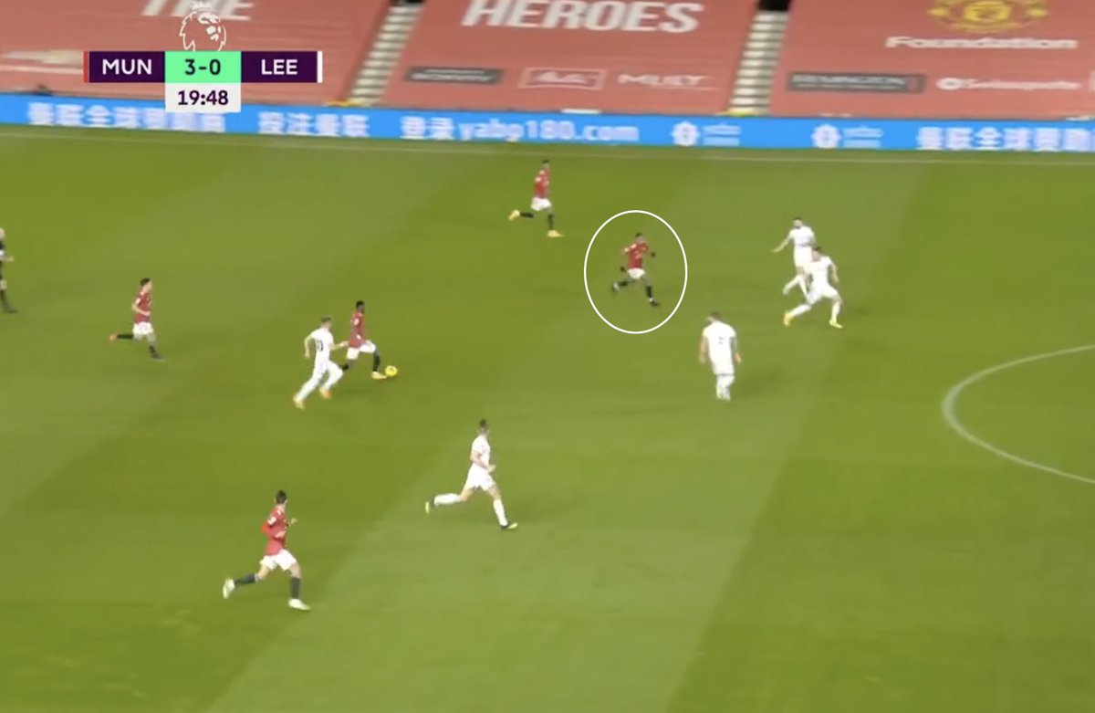 6. Transition.Bruno made several back-heel passes as an attempt to drag his marker and create space. Martial’s run was fantastic as Fred carries the ball. As a LEE player is drawn to Fred, he gets in behind their backline. He holds off the player to allow Bruno to shoot.