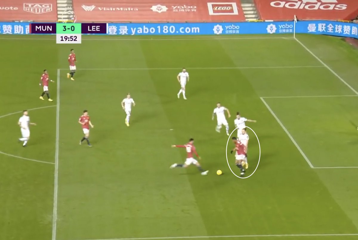 6. Transition.Bruno made several back-heel passes as an attempt to drag his marker and create space. Martial’s run was fantastic as Fred carries the ball. As a LEE player is drawn to Fred, he gets in behind their backline. He holds off the player to allow Bruno to shoot.