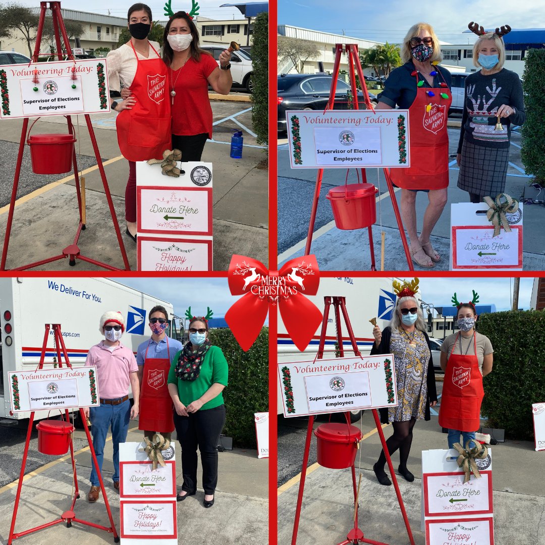 VoteIndianRiver's tweet photo. Elections Office staff giving back to the community by ringing the bell for @SalvationArmyUS annual Red Kettle Campaign, to help provide food, toys, and clothes to those in need during the holidays! We were able to raise $628.18 this year during our shift! #RedKettleReason https://t.co/46kLV69X6s