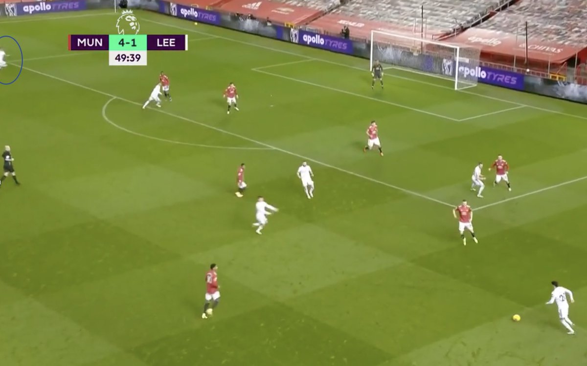 8. Narrowness. It is a tactical instruction for MUN’s fullbacks to keep narrow at times — however AWB at times tends to drift centrally and lose his runner. As a result here, he has no time to recover and win the header. This leads to LEE’s most dangerous chance.