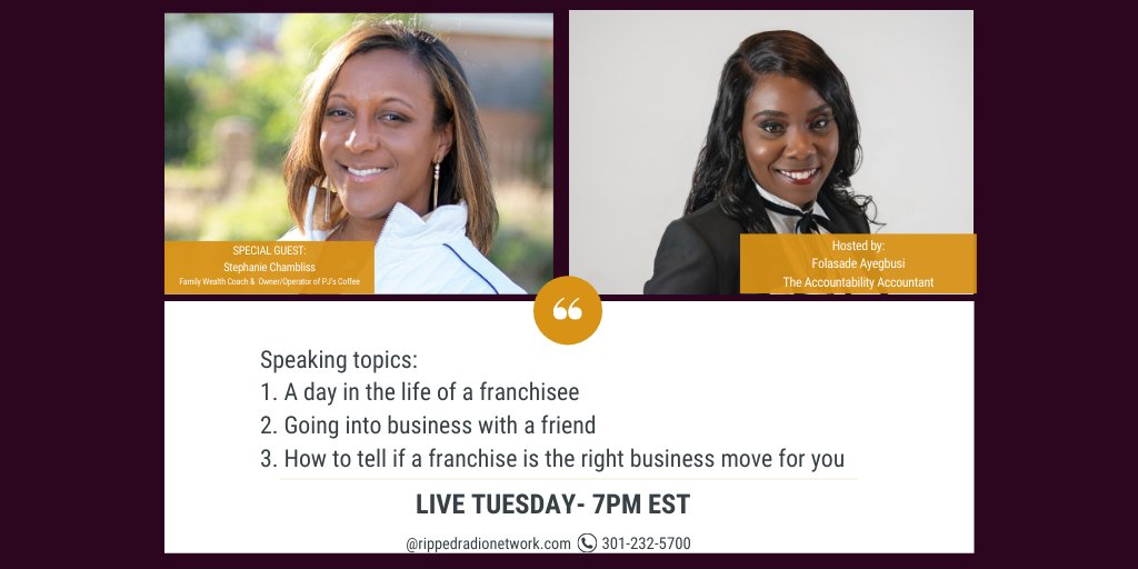 FolasadeAyegbus's tweet image. Catch the #MoneyZone with Folasade on #RippedRadioNetwork tomorrow at 7pm EST with our special guest Family Wealth Coach &amp;amp; Owner/Operator of #pjscoffee , #StephanieChambliss. 

Please share the love with families and friends. See you there!