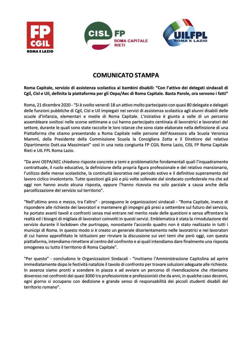 cislfproma's tweet photo. #RomaCapitale, #servizio di #assistenza scolastica ai #bambini #disabili: “Con l’#attivo dei delegati sindacali di #CgilCislUil, definita la #piattaforma per gli #Oepa/#Aec di Roma Capitale. Basta Parole, ora servono i fatti”
#ilmiolavorovale https://t.co/4kaT2txZG2