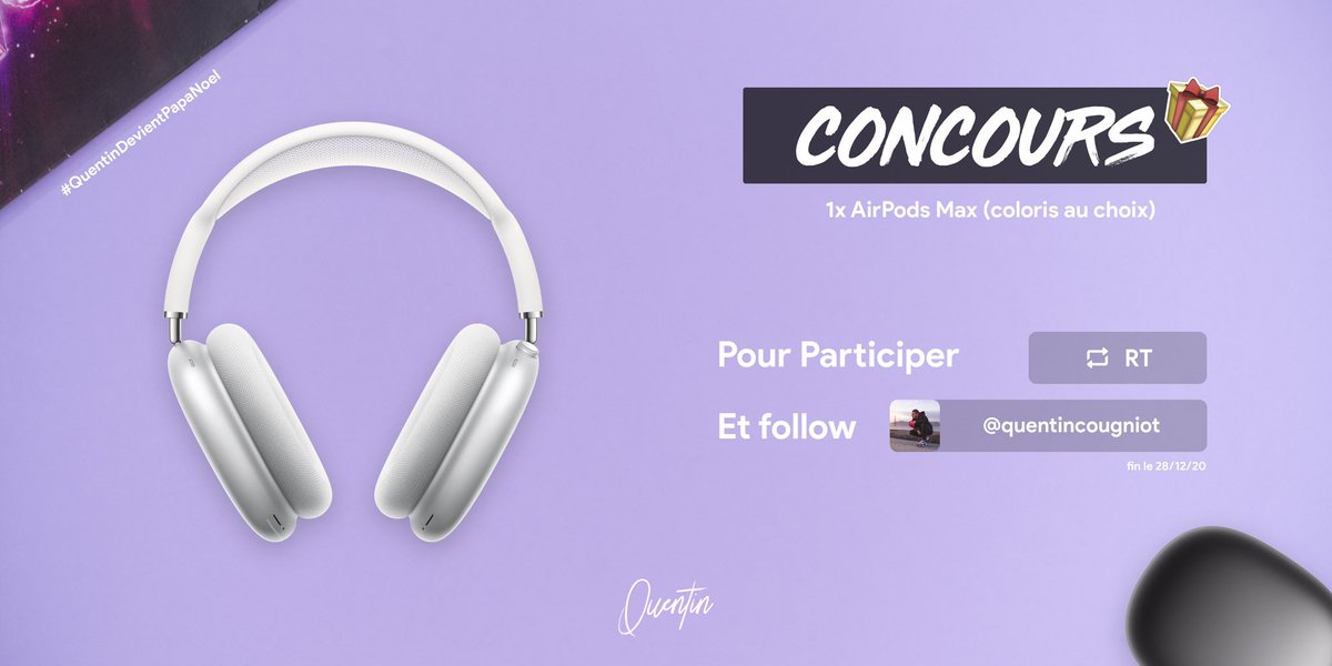 🎁 Un AirPods Max coloris au choix à remporter 😍🎄

Pour participer à ce jeu concours :
1️⃣ #RT
2️⃣ #Follow <a href="/QuentinCougniot/">Quentin Cougniot</a> 
📈 Augmente tes chances en participant sur Instagram.
🗓 TAS : 28/12/20

#QuentinDevientPapaNoel #CONCOURS #Giveaway #Christmas  #Noel  #AirPodsMax 🎁