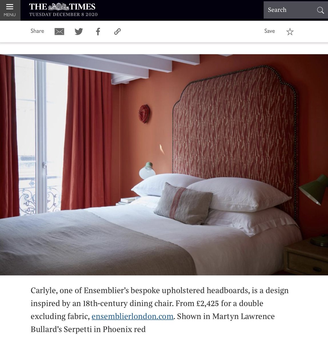 MartynBullard's tweet photo. Thanks, @TheTimes, for featuring my Serpetti indoor fabric on @EnsemblierUK's headboard. What's your favorite shade of red?
#InteriorDesign #EnsemblierLondon #TimesUK https://t.co/Bbx9hwNhXA