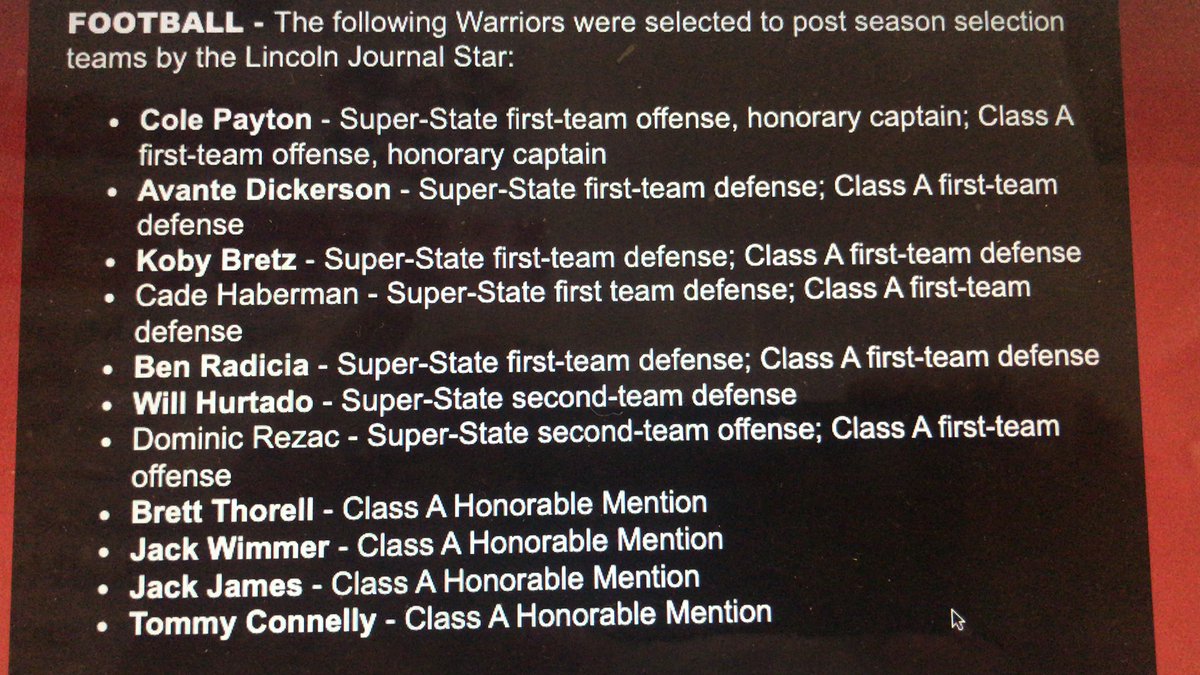 WHS_WarriorFB's tweet photo. Super State team by the Lincoln Journal Star.  Congrats #elite Warriors!! @ColePayton9 @_dickerson1 @BretzKoby @Habs_51 @BenjaminRadicia @WillHurtado924 @dominic_rezac @brett_thorell @_jack_wimmer_ @jack_james03 @TommyConnelly14 https://t.co/JKS4BjcnlK