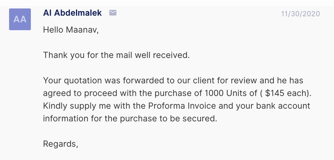A few weeks ago, we were contacted by an importer from the UAE. His "client" wanted to buy 1,000 of our most expensive product at full retail value.That's a $145,000 order. At full margin.