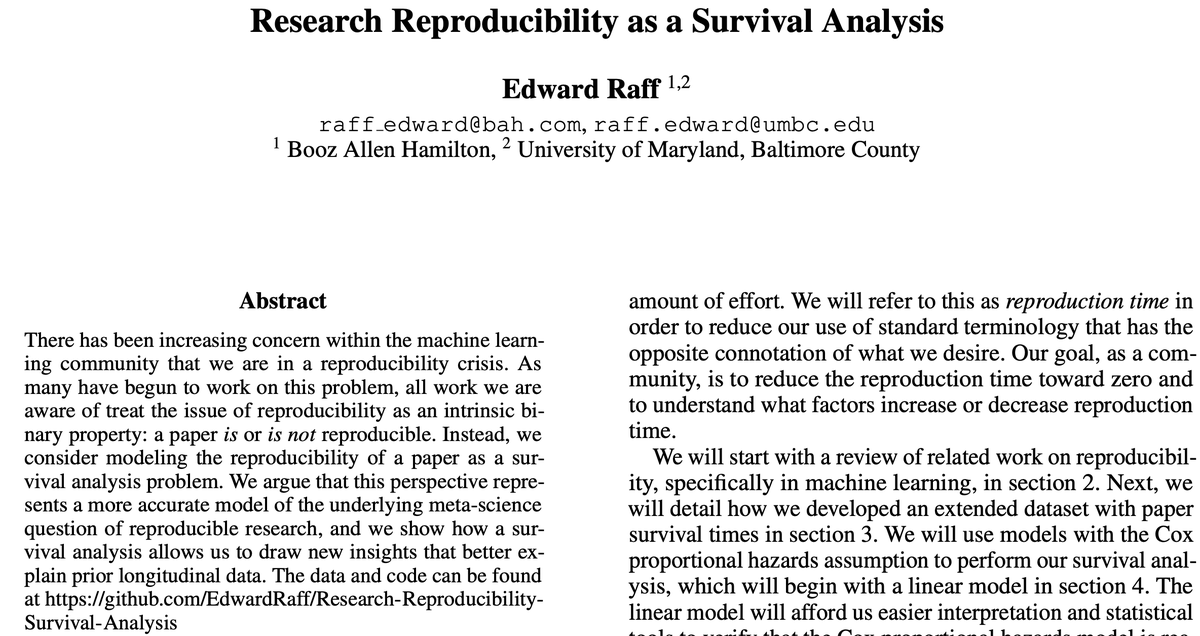 An extension of my NeurIPS work accepted to  @RealAAAI  #AAAI2021 "Research Reproducibility as a Survival Analysis" is now online! paper  https://arxiv.org/abs/2012.09932  code  https://github.com/EdwardRaff/Research-Reproducibility-Survival-Analysis The idea? Reproduction isn't just a binary "is" or "is not" that we've been focusing on!  https://twitter.com/EdwardRaffML/status/1173770808616980481