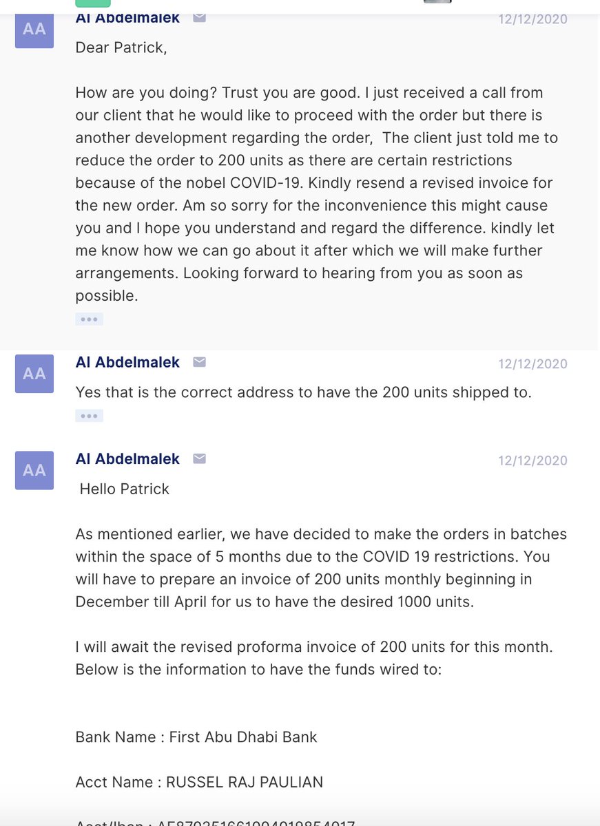 Wrong. A few hours after the wire clears, the importer emails me to tell me that his client has decided to adjust his order due to the "nobel COVID-19."He only wants 200 units (instead of 1,000) - and wants me to wire him a refund.