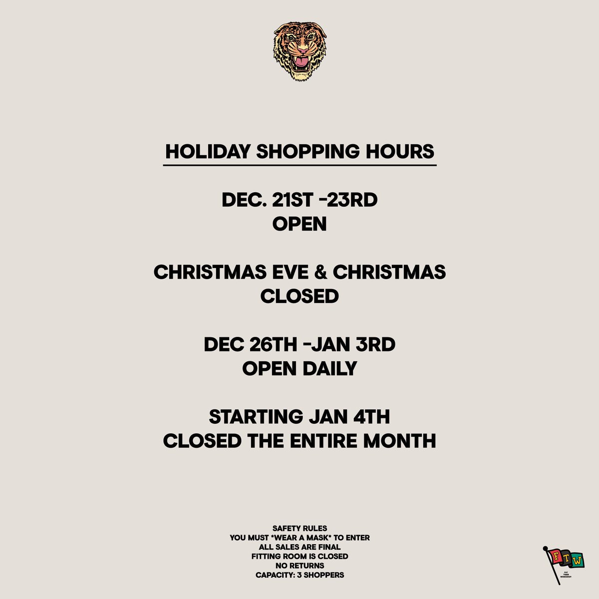 FatTigerWorks's tweet photo. Operating Hours will be 11a-6p https://t.co/ZdHmpKF8Rg