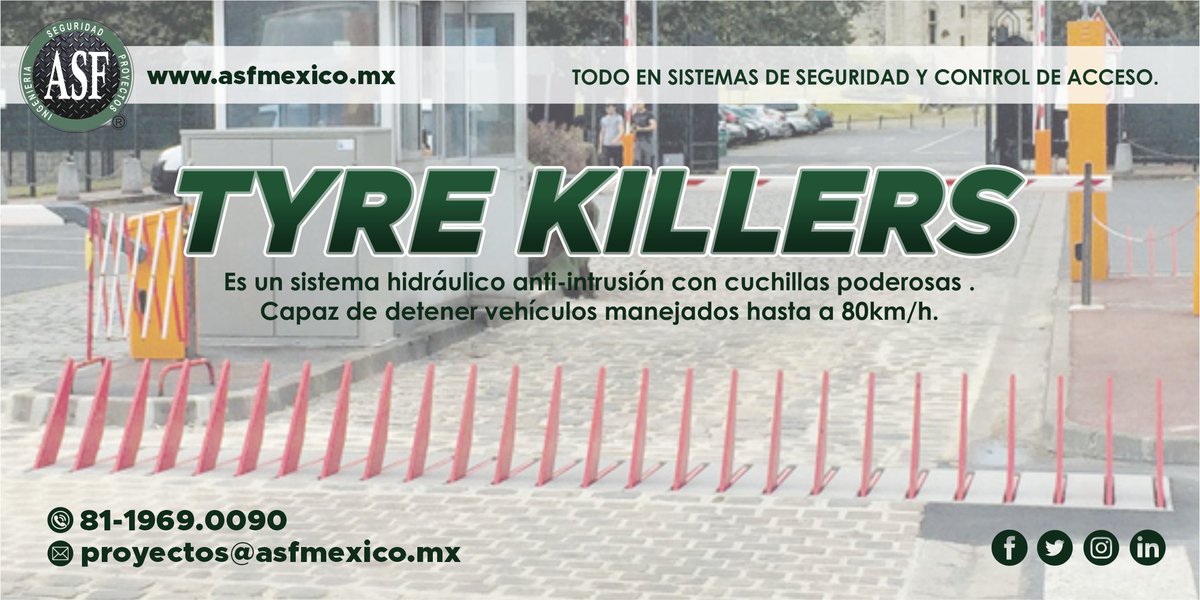 #TyreKillers Actúan como una barrera de control de acceso, previenen el paso de vehículos o permiten la salida de un área supervisada. #SistemasDeSeguridad #cctv #Alarmas #CercaElectrificada #VideoPorteros  #controlDeAcceso #Seguridad #PilonasYBolardos #BarrerasVehiculares