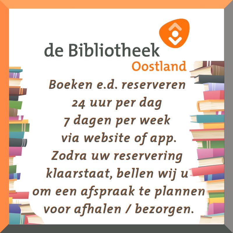 Heeft u wat te doen tijdens de feestdagen? 
U kunt boeken reserveren, deze worden thuisbezorgd of u kunt ze ophalen.
Online lezen: bibliotheekoostland.nl/collecties/col…
Voorleesfilmpjes: 0-6.jeugdbibliotheek.nl/lezen/voorlees…
Trainingen: bibliotheekoostland.nl/volwassenen/on…
En nog veel meer op: bibliotheekoostland.nl